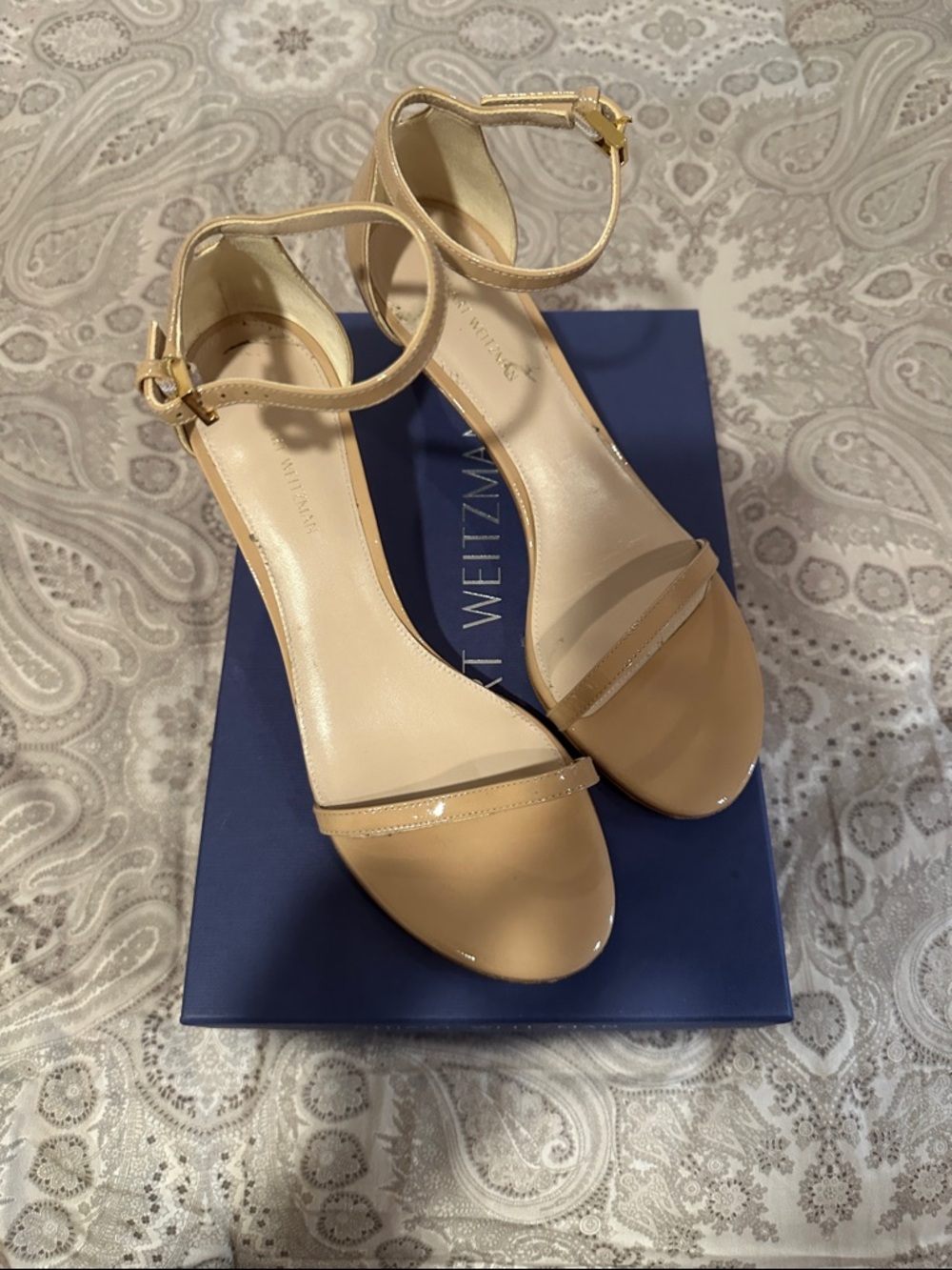 Stuart Weitzman Nude Tan Ankle Strap Patent Leather Heels